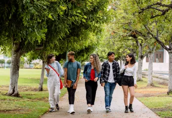 five young people walking together