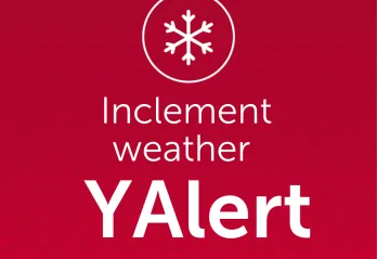 Red image with white text and a snowflake design reading " Inclement Weather- Y Alert" 