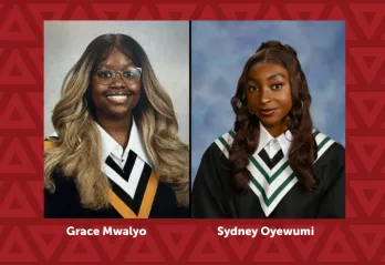Photos of two young women in grad photos against a red background. Images are labelled Grace Mwalyo and Sydney Oyewumi 