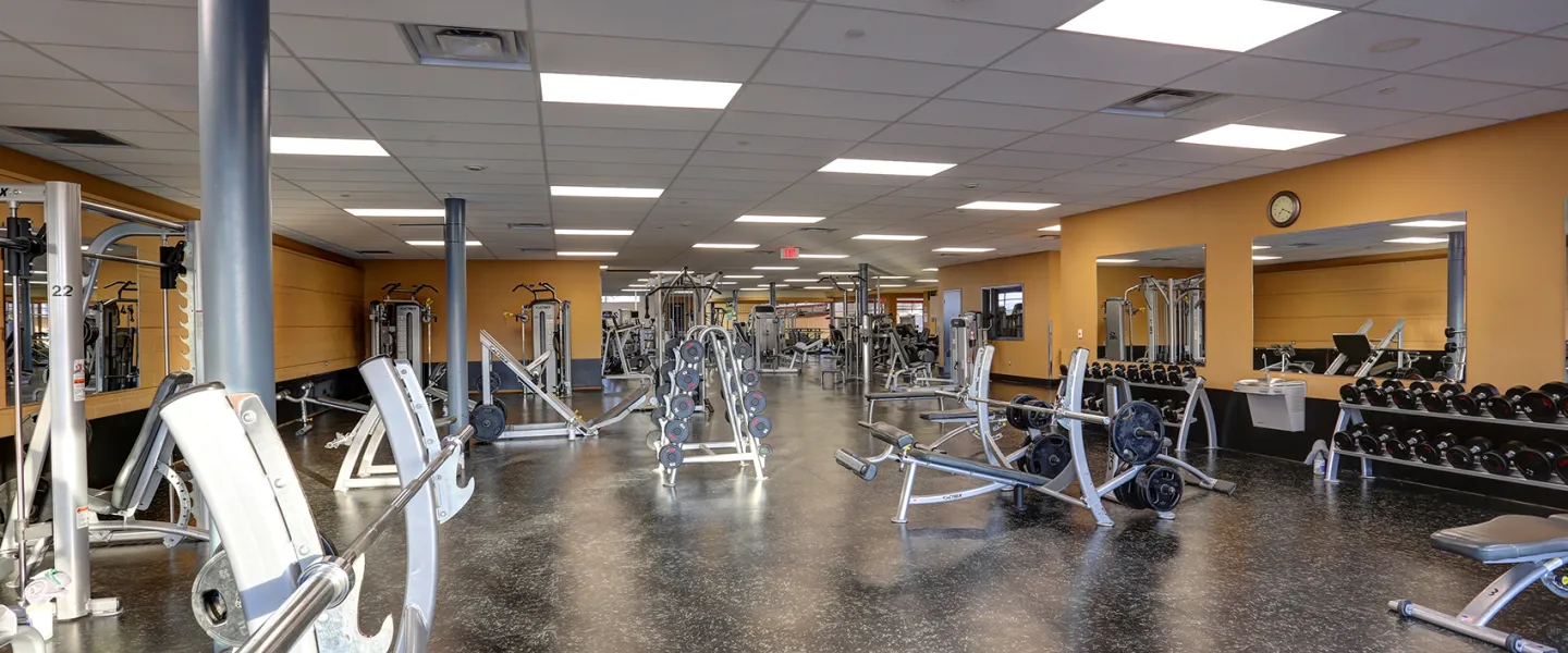 Free weight equipment on fitness floor