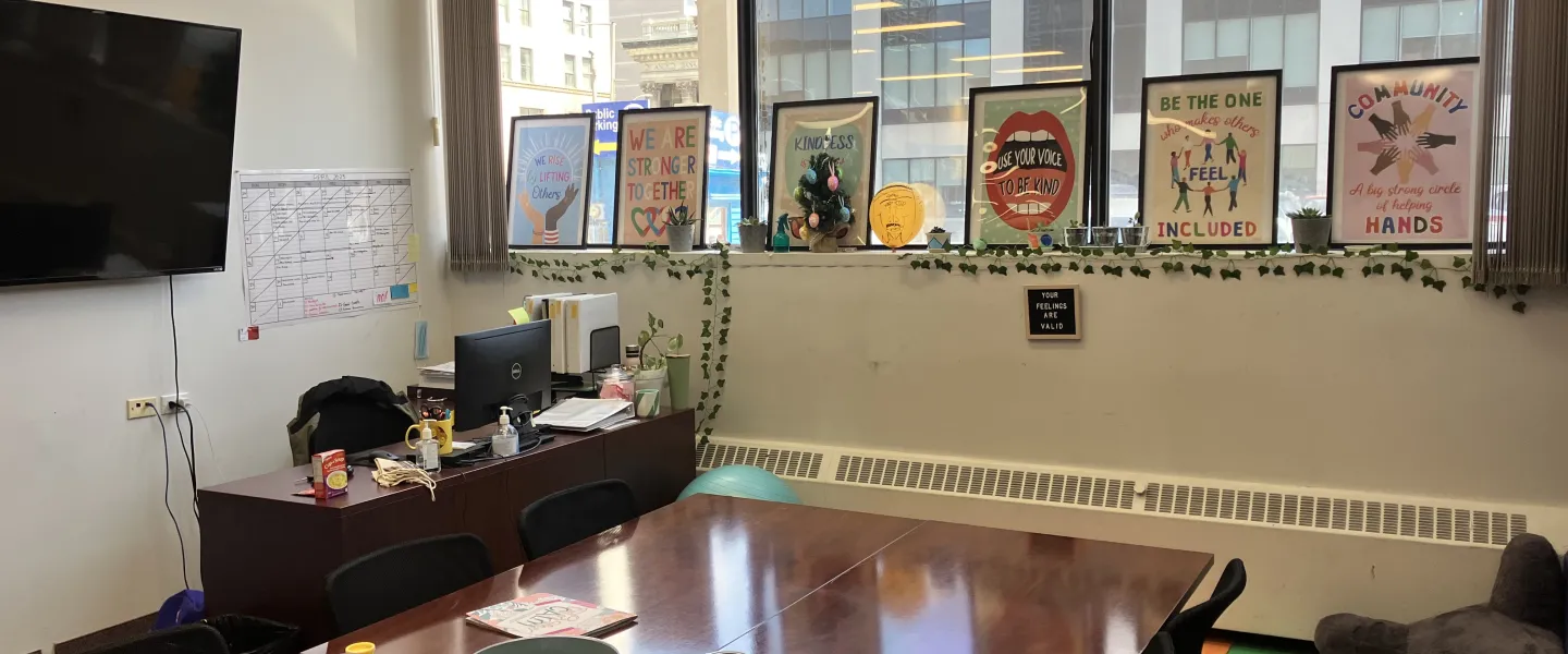 View of windows and main table in work room 25 main