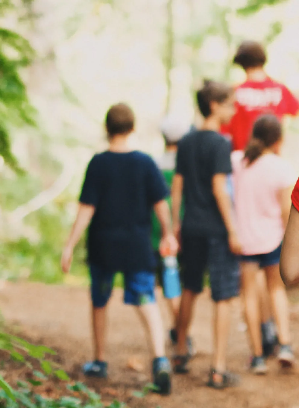 Camp councilors and kids walking down a path