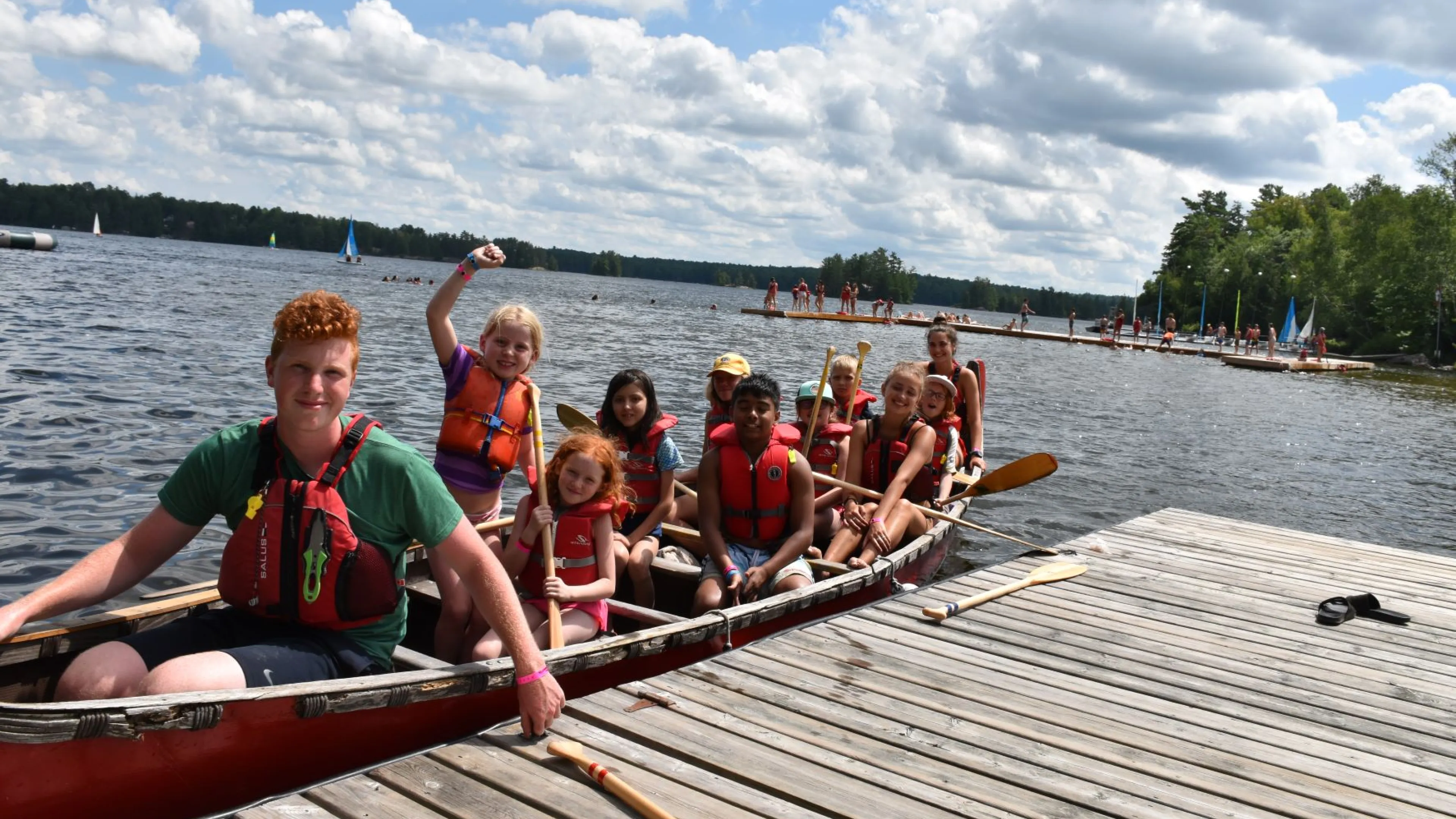 Group of junior campers in canoe