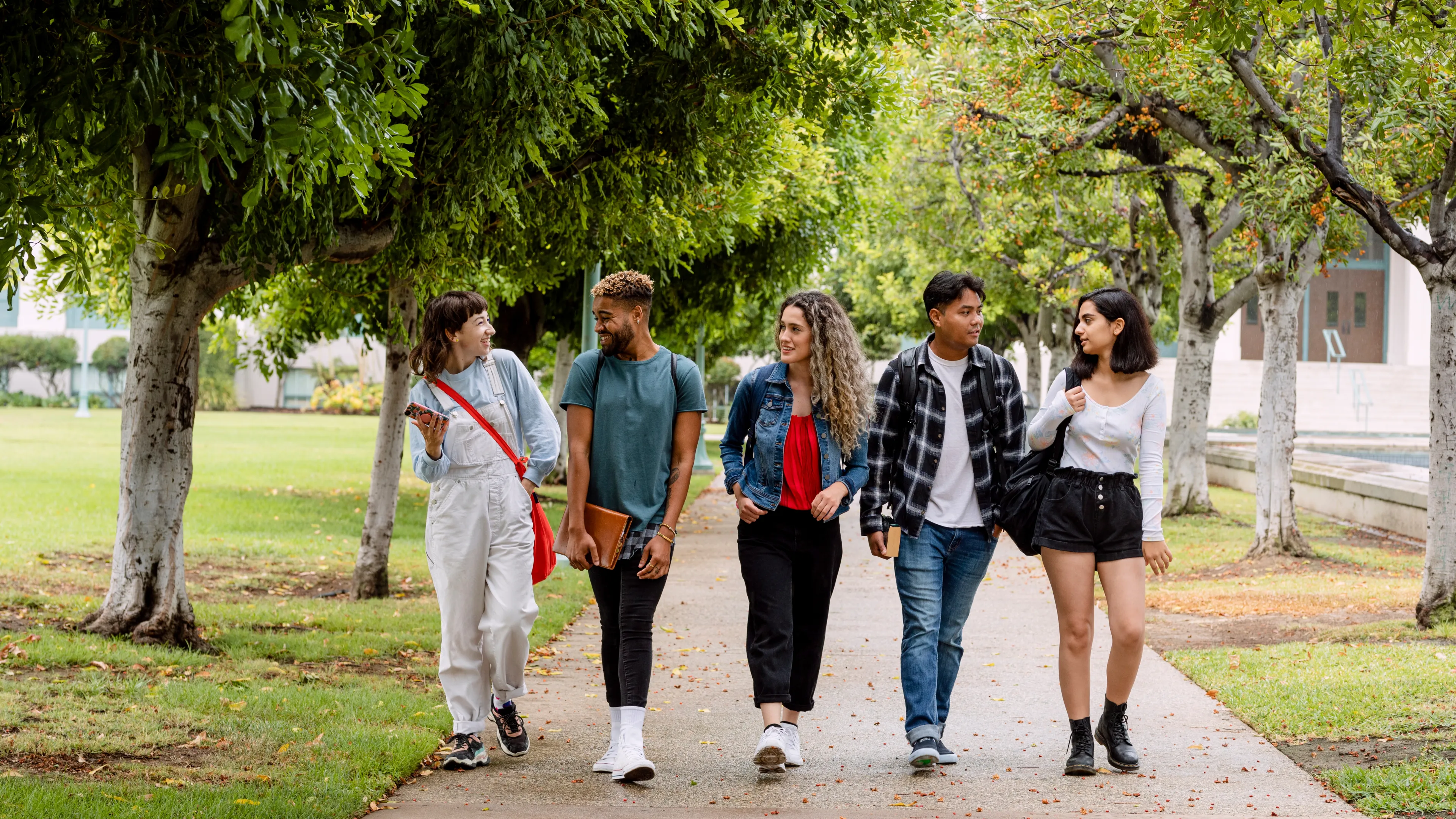 five young people walking together