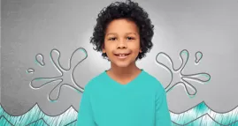 Child smiling at camera with graphic splash behind