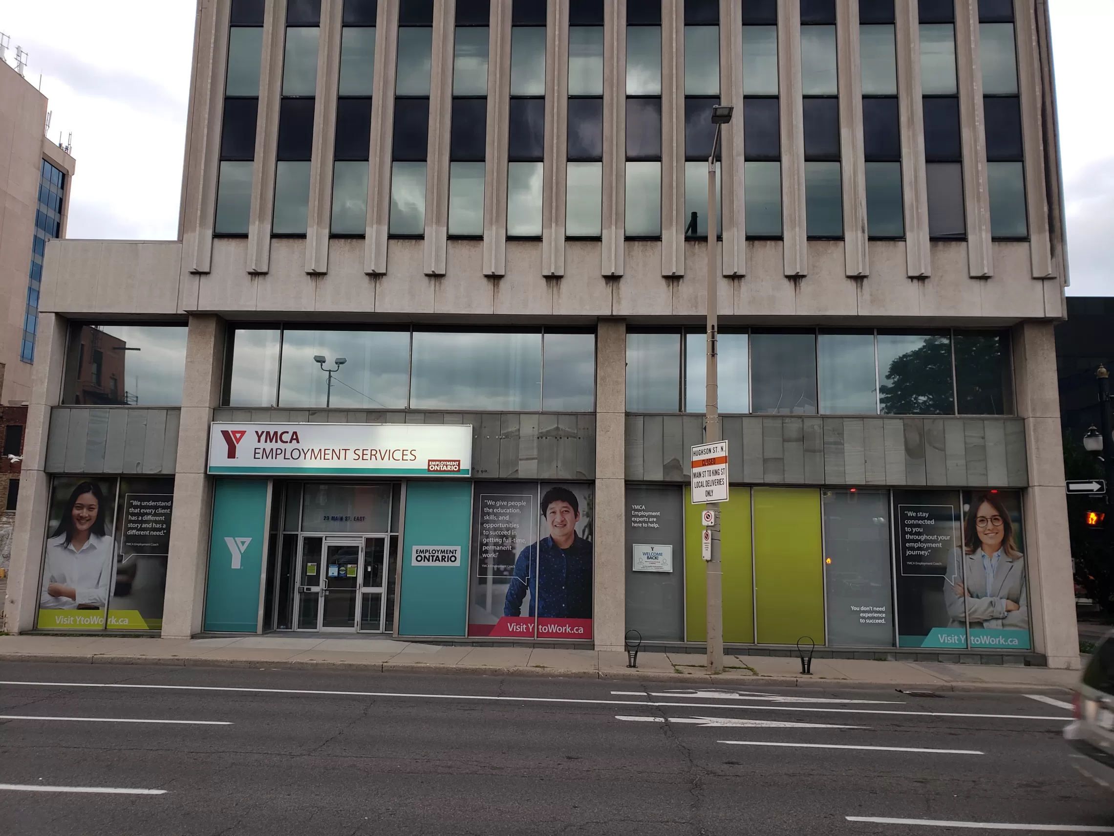Front of YMCA Employment Services on Main Street in Hamilton