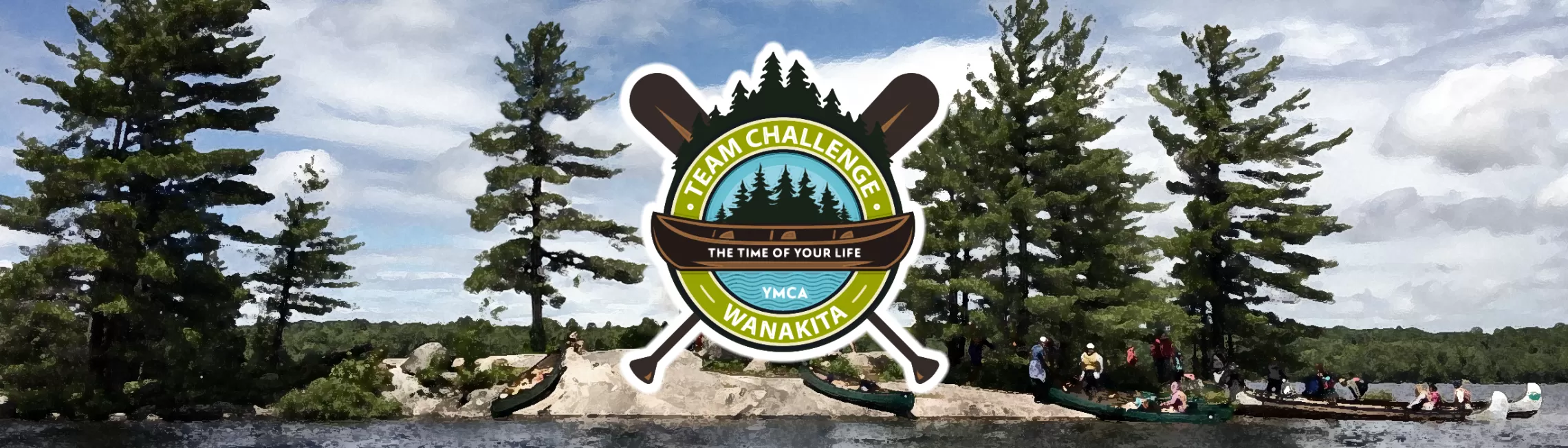 Wanakita Team Challenge logo in front of pine trees and lake