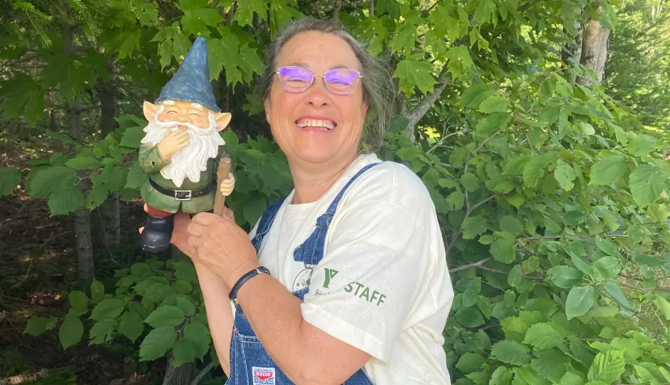 Lee Fisher holding a garden gnome