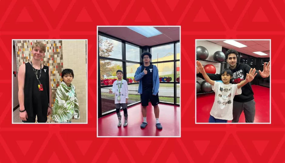 three pictures of a young boy with his mentors