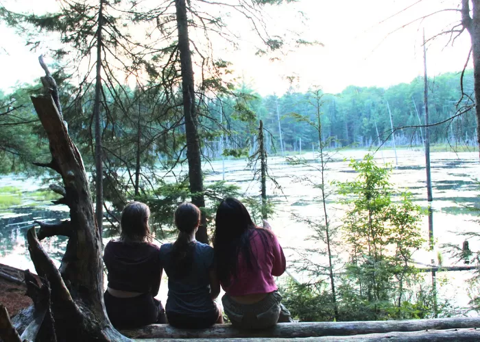 3 individuals on a log looking out at the water