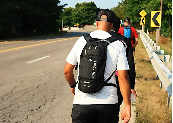 Individuals walking down side of a road