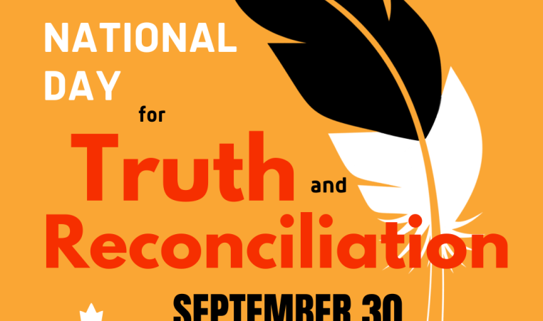 Text on the image reads “National Day for Truth and Reconciliation. September 30.” To the right side is an eagle feather. To the left is a maple leaf.
