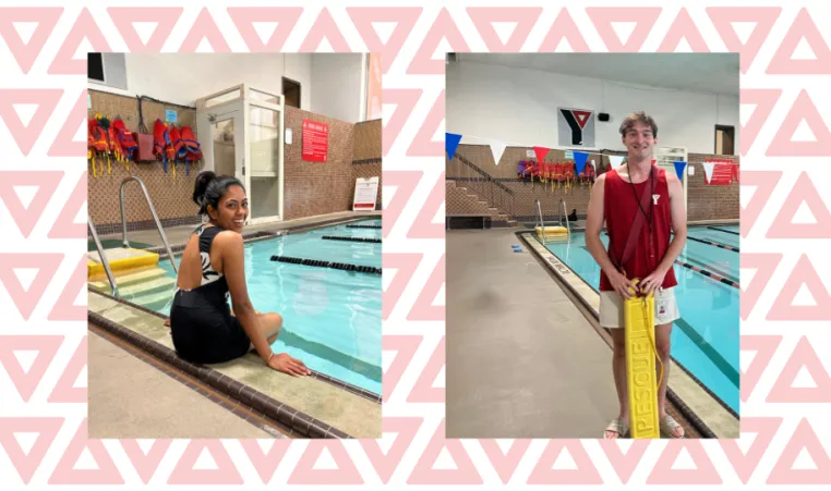 young woman sits on edge of indoor swimming pool, lifeguard stands in front of swimming pool