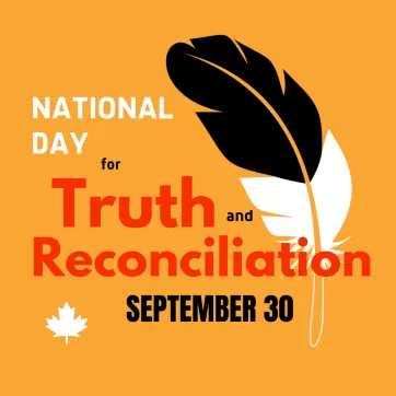 Text on the image reads “National Day for Truth and Reconciliation. September 30.” To the right side is an eagle feather. To the left is a maple leaf.