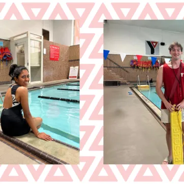 young woman sits on edge of indoor swimming pool, lifeguard stands in front of swimming pool