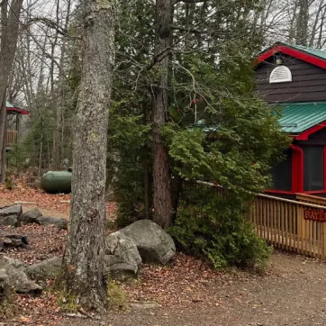 brown cabins with forest green steel roofs and red trim