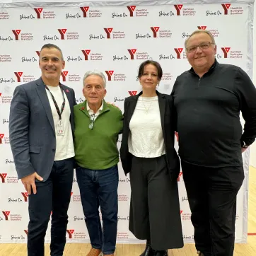 YMCA Hamilton Burlington Brantford President and CEO Manny Figueiredo joins Sam Mercanti, Daniele Dageniais, Executive Director of Charity of Hope, and George Lamparski, a founder of Charity of Hope