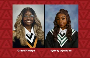 Photos of two young women in grad photos against a red background. Images are labelled Grace Mwalyo and Sydney Oyewumi 