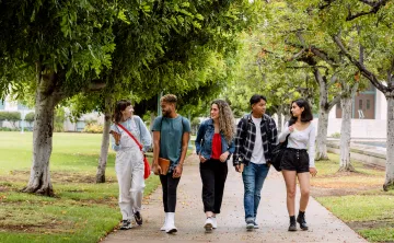 five young people walking together
