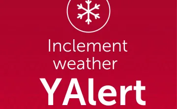 Red image with white text and a snowflake design reading " Inclement Weather- Y Alert" 