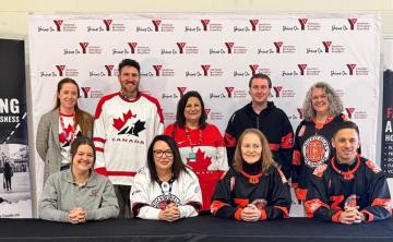 Front: Emma Langlois from Hockey Helps the Homeless, Genevieve Hladysh VP Health Fitness, Aquatics and Men's Residence, Geraldine Heaney, Olympian, and 