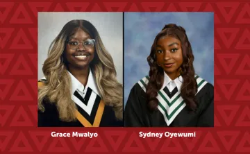 Photos of two young women in grad photos against a red background. Images are labelled Grace Mwalyo and Sydney Oyewumi 